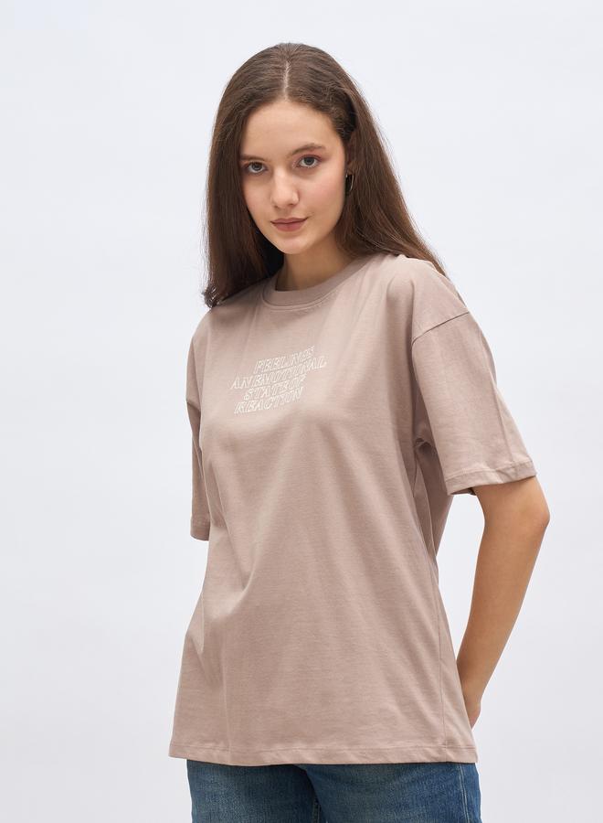 Styli Beige Slogan Print Oversized T-Shirt - Image 2