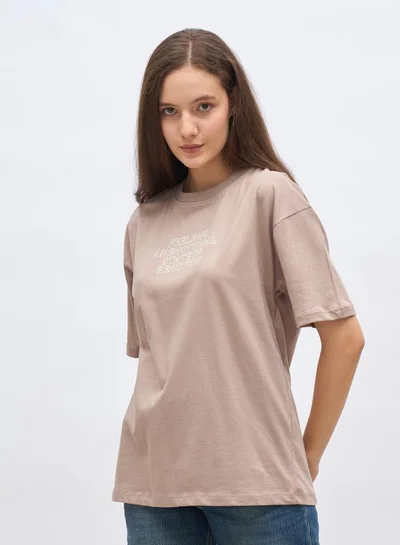Styli Styli Beige Slogan Print Oversized T-Shirt