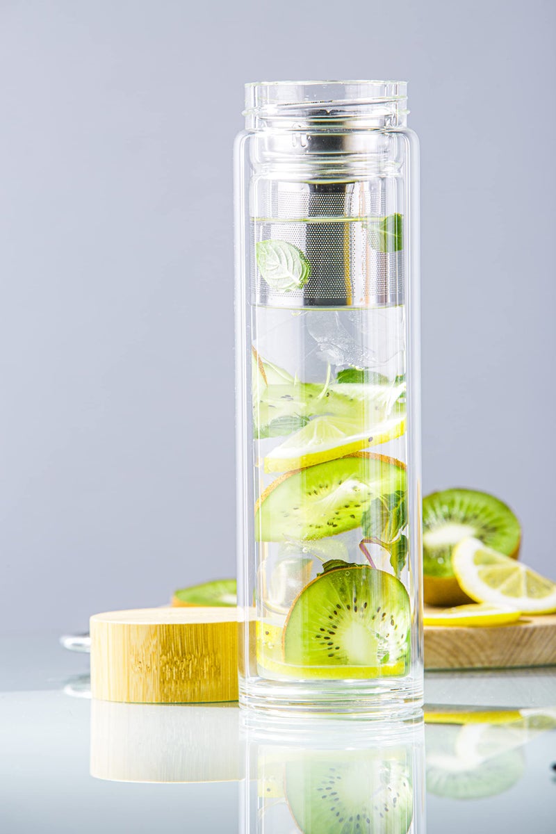 Umami Glass Water Bottle With Tea Infuser And Non Slip Sleeve. Double Wall Borosilicate. Travel Tumbler With Bamboo Lid. 17oz. Design: Torii (Clear Torii) - Image 3