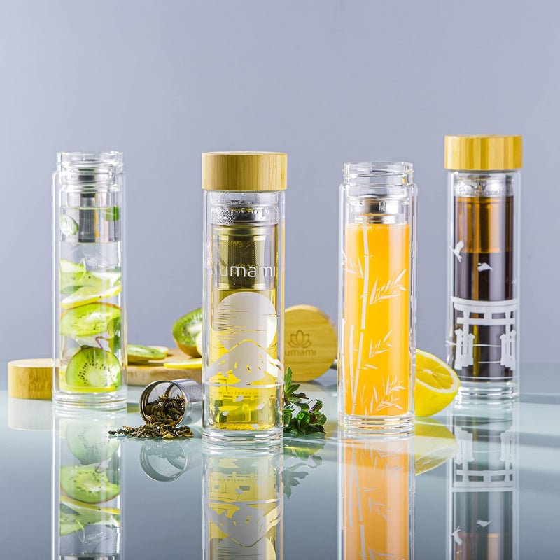 Umami Glass Water Bottle With Tea Infuser And Non Slip Sleeve. Double Wall Borosilicate. Travel Tumbler With Bamboo Lid. 17oz. Design: Torii (Clear Torii) - Image 2