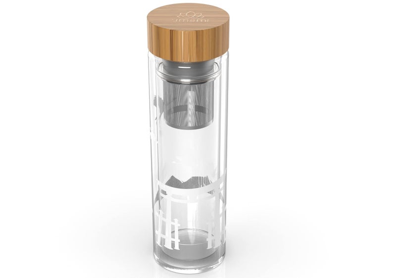 Umami Glass Water Bottle With Tea Infuser And Non Slip Sleeve. Double Wall Borosilicate. Travel Tumbler With Bamboo Lid. 17oz. Design: Torii (Clear Torii) - Image 1