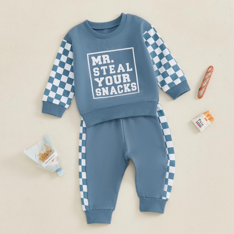BeQeuewll Fall Winter Toddler Baby Boy Clothes 2Pcs Color Block Crewneck Sweatshirt and Pants Sweatsuit Little Boy Clothing (Snacks-Blue, 4-5T) - Image 2