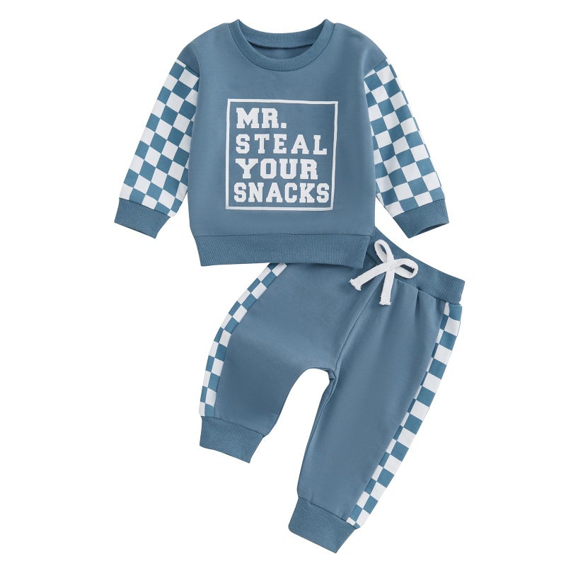 BeQeuewll Fall Winter Toddler Baby Boy Clothes 2Pcs Color Block Crewneck Sweatshirt and Pants Sweatsuit Little Boy Clothing (Snacks-Blue, 4-5T) - Image 1