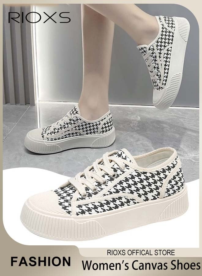 RIOXS Women's Houndstooth Canvas Sneakers, Lightweight Anti-slip Canvas Tennis Shoes for Ladies, Classic Low Top Lace Up Canvas Shoes, Fashionable Casual Flat Shoes, High-quality Breathable Trainers with Non-slip Rubber Sole, Suitable for Work, Sports, Shopping, Hiking, Running and Other Occasions - Image 1