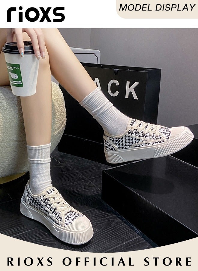 RIOXS Women's Houndstooth Canvas Sneakers, Lightweight Anti-slip Canvas Tennis Shoes for Ladies, Classic Low Top Lace Up Canvas Shoes, Fashionable Casual Flat Shoes, High-quality Breathable Trainers with Non-slip Rubber Sole, Suitable for Work, Sports, Shopping, Hiking, Running and Other Occasions - Image 3