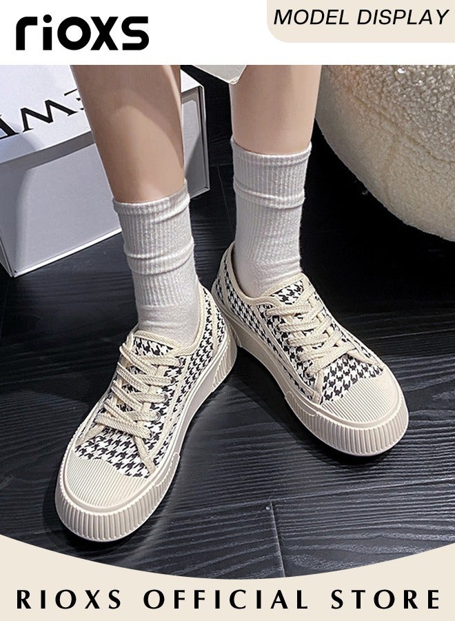 RIOXS Women's Houndstooth Canvas Sneakers, Lightweight Anti-slip Canvas Tennis Shoes for Ladies, Classic Low Top Lace Up Canvas Shoes, Fashionable Casual Flat Shoes, High-quality Breathable Trainers with Non-slip Rubber Sole, Suitable for Work, Sports, Shopping, Hiking, Running and Other Occasions - Image 2