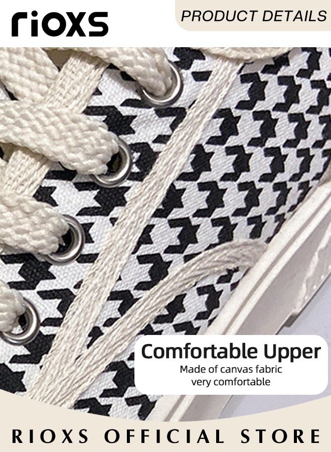 RIOXS Women's Houndstooth Canvas Sneakers, Lightweight Anti-slip Canvas Tennis Shoes for Ladies, Classic Low Top Lace Up Canvas Shoes, Fashionable Casual Flat Shoes, High-quality Breathable Trainers with Non-slip Rubber Sole, Suitable for Work, Sports, Shopping, Hiking, Running and Other Occasions - Image 5