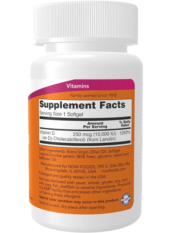 NOW Vitamin D-3 10,000 IU, 120 Softgels - Image 2
