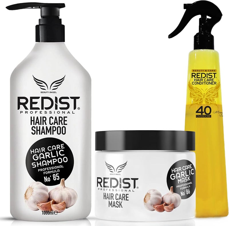 Redist Garlic Shampoo 1000ml Garlic Hair Mask 500ml Conditioner 400ml Anti Hair Loss Strengthening Formula Nourishes Fragile Dry Damaged Hair Repairs Hydrates Restores Shine Set