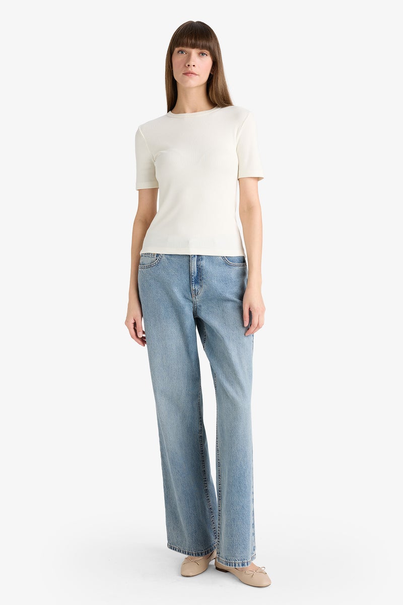 DeFacto Beige Woman Slim Fit Crew Neck Short Sleeve T-Shirt Casual - Image 5