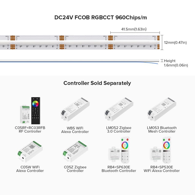 BTF-LIGHTING FCOB COB LED Strip RGBCCT Color Changing 16.4FT 960LED/m Flexible High Density Light RGB+CCT Tunable 3000K-6000K DC24V 12mm Width for Indoor Decor(No Adapter or Controller) - Image 4