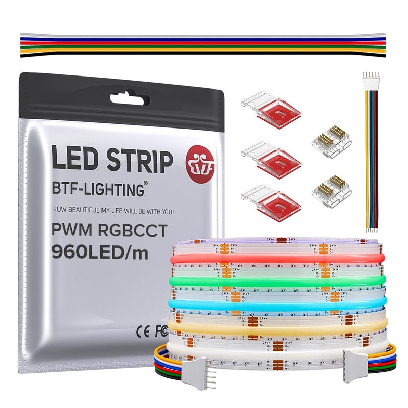 BTF-LIGHTING FCOB COB LED Strip RGBCCT Color Changing 16.4FT 960LED/m Flexible High Density Light RGB+CCT Tunable 3000K-6000K DC24V 12mm Width for Indoor Decor(No Adapter or Controller) - Image 1