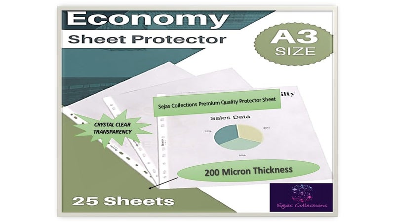 SEJASCOLLECTIONS Heavy Duty | Pack of 25 Pcs | A3 Size, 200 Micron, Transparent Document Sleeves, Leaf Sheet, Clear Certificates/Waterproof Sheet Protectors 11 Holes Punched Ring Files Folder. - Image 2
