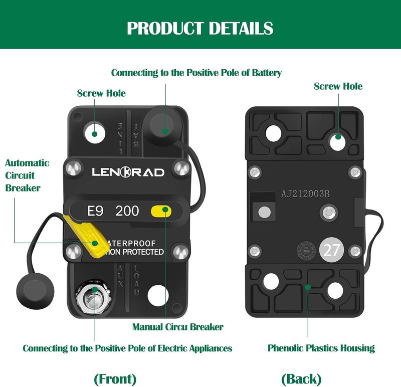 LENKRAD 200 Amp Marine Circuit Breaker Resettable 200A with Manual Reset Switch Button for Boat, Trolling, RV, Yacht, 12V - 48V DC, Waterproof, Surface Mount(200 Amp Boat Circuit Breaker) - Image 5