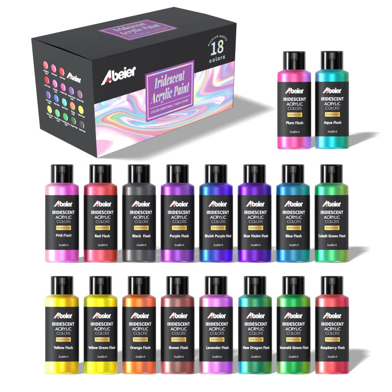 ABEIER Iridescent Acrylic Paint, Set of 18 Chameleon Colors, 2 oz/60ml Bottles, Color-shifting, Non-Toxic, High Viscosity, Blendable, Paints on Rocks Crafts Canvas Wood, Fabric, Ceramic & Stone - Image 1