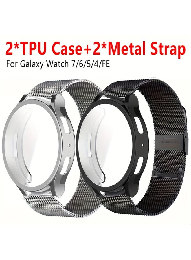 قطعتان من غطاء TPU وسوار من الفولاذ المقاوم للصدأ لساعة Galaxy Watch 7 مقاس 40 مم باللون الفضي والأسود - Image 2