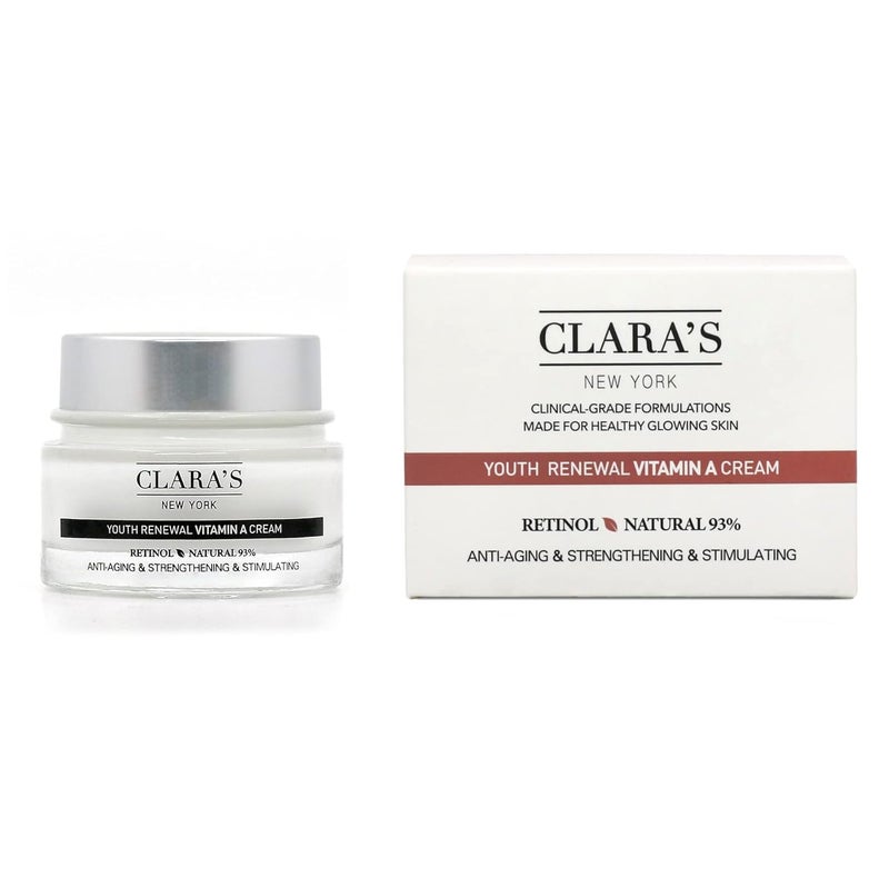 CLARA'S NEW YORK Youth Renewal Retinol (Vitamin A) Facial Cream for Anti-aging, Reducing wrinkles - Rich, Non-sticky, Fast-absorbing Formula, 50ml MADE IN USA
