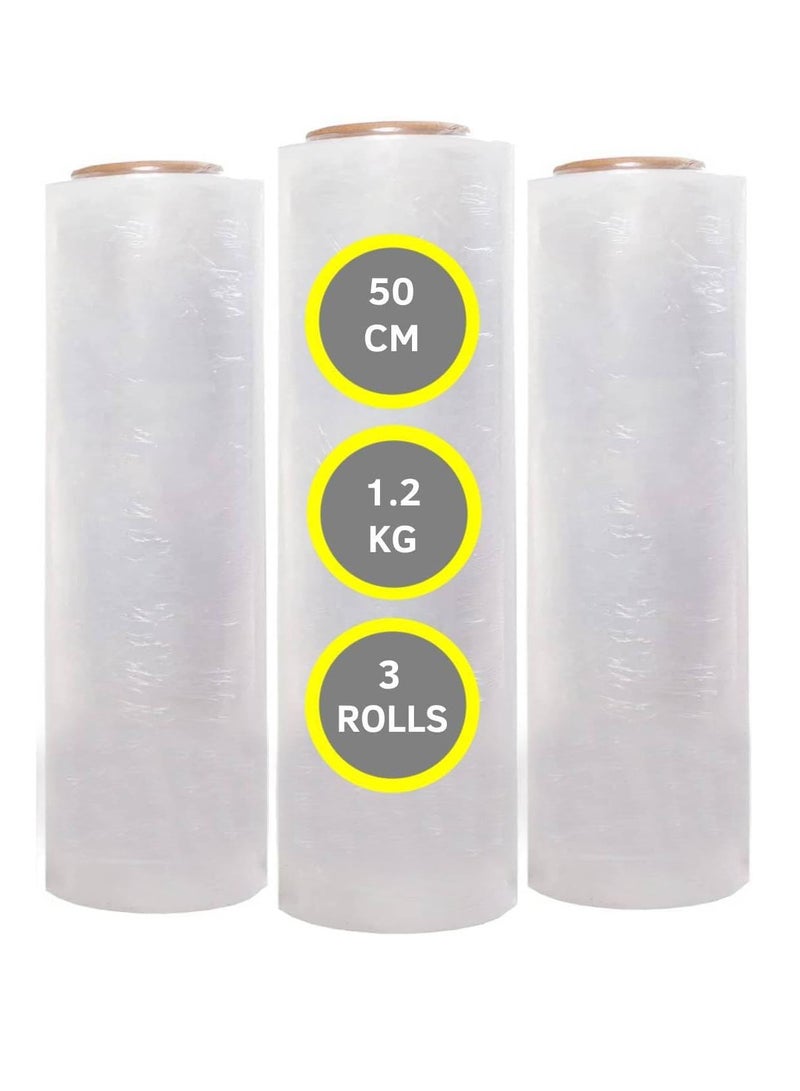 ECVV 3 Roll Clear Stretch Film Wrap - 500mm Heavy Duty Plastic Shrink Wrap for Pallet Wrap, Packing, Moving and Packaging - Cling Wrap, 1.20 kg, 400g core - Image 1