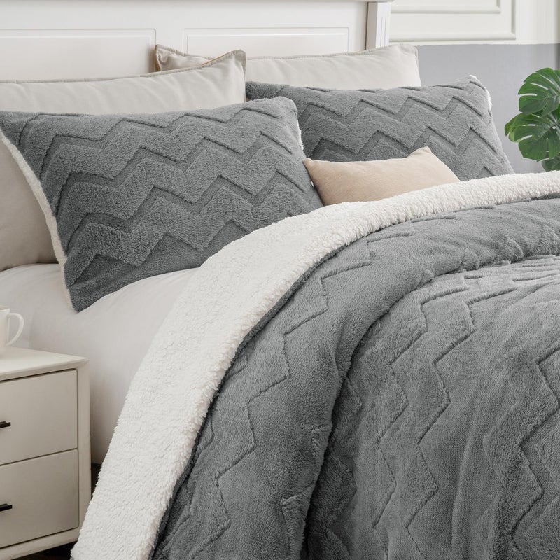 BEDELITE Fluffy Queen Comforter Set - Super Soft Sherpa Grey Comforter for Queen Size Bed, Luxury Warm Bedding Set for Winter, Fuzzy Bed Set 3 Pieces (1 Comforter, 2 Pillowcases) - Image 1