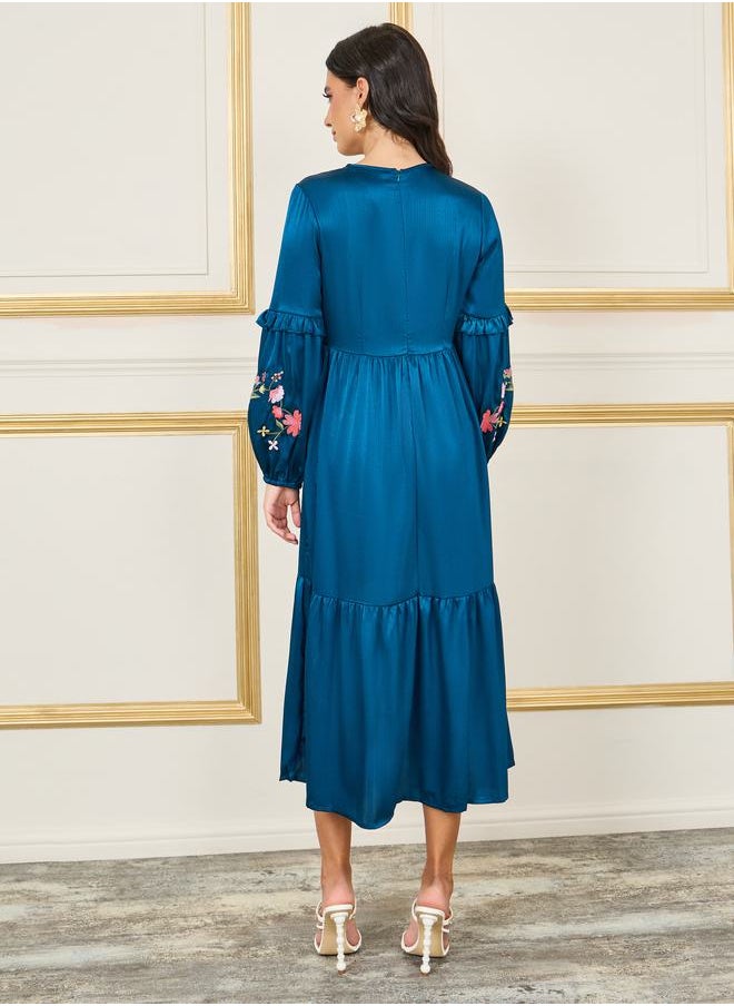 Styli - Satin Floral Embroidered Tiered Midi Dress - Image 1