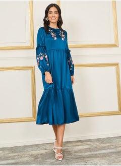 Satin Floral Embroidered Tiered Midi Dress
