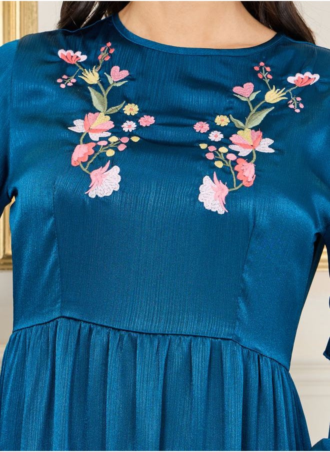 Styli - Satin Floral Embroidered Tiered Midi Dress - Image 1