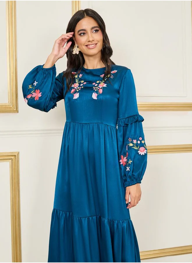 ستايلي Satin Floral Embroidered Tiered Midi Dress