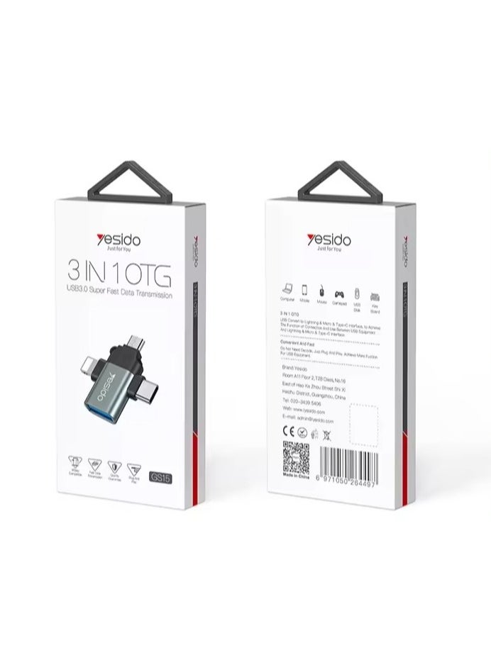Yesido 3-in-1 USB-C to Micro 8-Pin OTG Adapter Mobile Phone to USB 3.0 for IP for Computer Use