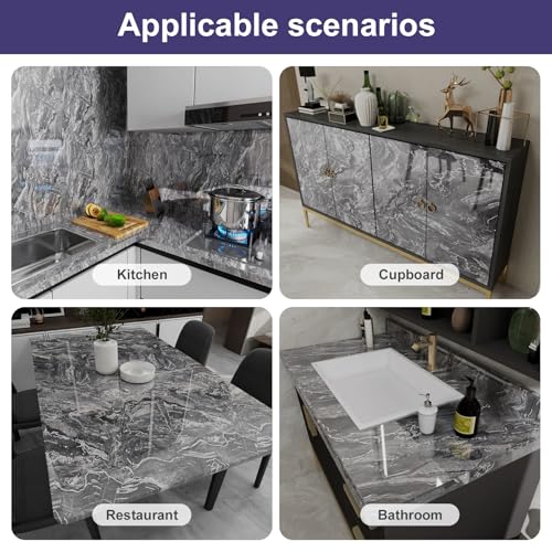 Yun-aeon Yunaeon Thick Marble Contact Paper for Countertops 236x 1968 Grey and Silver Glossy Peel and Stick Wallpaper SelfAdhesive Removable Countertops for Kitchen Bathroom Cabinets - Image 3