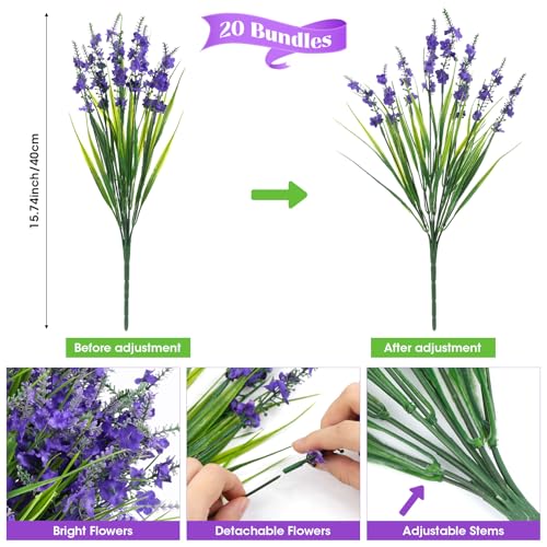 Besteek 20 Bundles Artificial Lavender Flowers for Outdoors Fake Silk Flowers Faux Plants UV Resistant for Indoor Outside Spring Porch Garden Window Table Box Office Home Decorations Deep Purple - Image 3