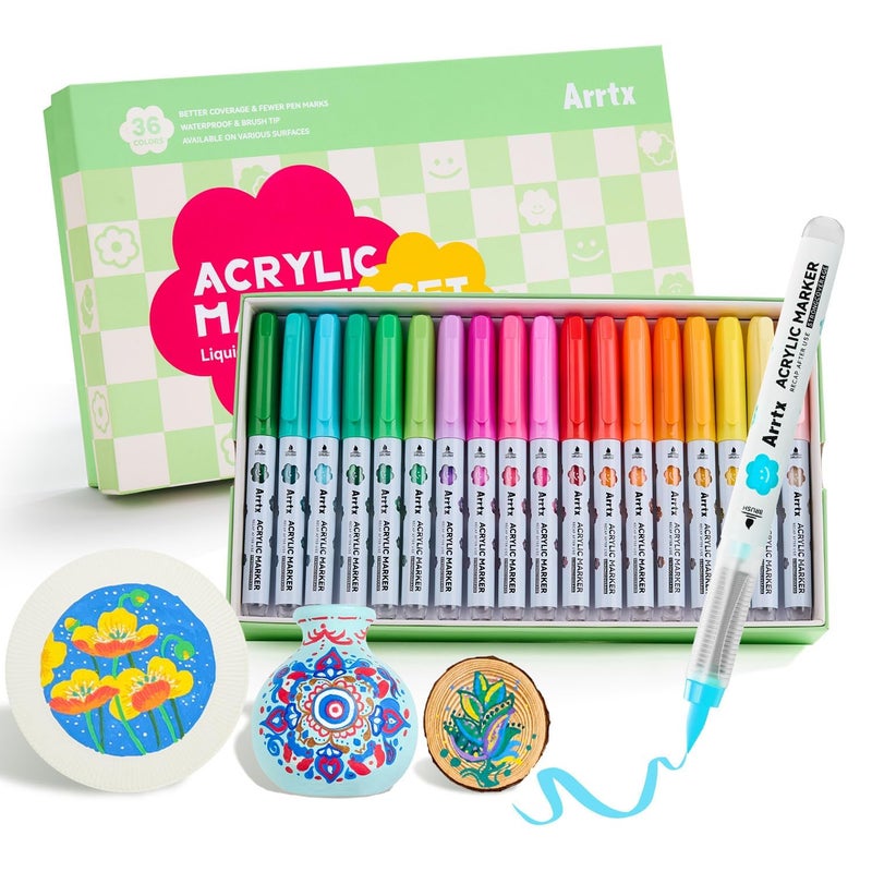 Arrtx 36 Colors Direct Liquid Ink Acrylic Paint Pens for Rock Painting, Brush Tip Acrylic Pen, Acrylic Markers, Waterproof Paint Marker, Art Supplies for Stone, Glass, Egg, Wood, DIY Crafts - Image 1
