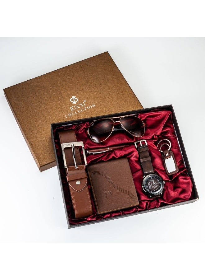 6-in-1 Deluxe Gift Set: Sunglasses, Belt, Wallet, Keychain, Signature Pen, and Large Dial Quartz Watch