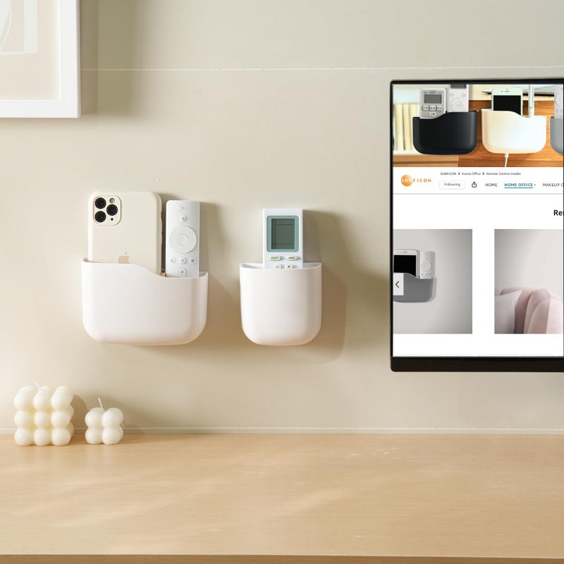 سنفيكون SUNFICON حامل جهاز التحكم عن بعد على الحائط ومروحة التلفزيون وحامل جهاز التحكم عن بعد بجانب السرير وحامل الحائط المنظم وحامل الهاتف للمكتب ومشغل الوسائط اللاصق وحامل صندوق علبة المنزل والمكتب ومنضدة بيضاء 2 صغير - Image 2