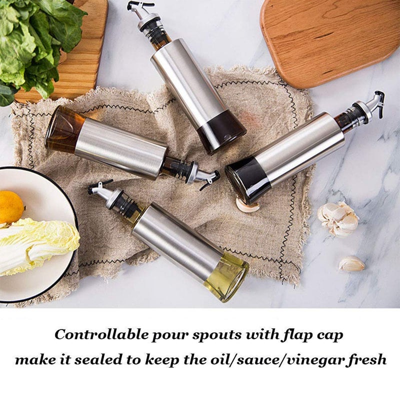 Home Stuffs Glass Oil Dispenser with Steel Cover Seasoning BottleGlass Oil Bottle Leakproof Oiler Tank Household Stainless Steel Condiment Dispenser Steel 500ml 2 Pack of 2 - Image 4