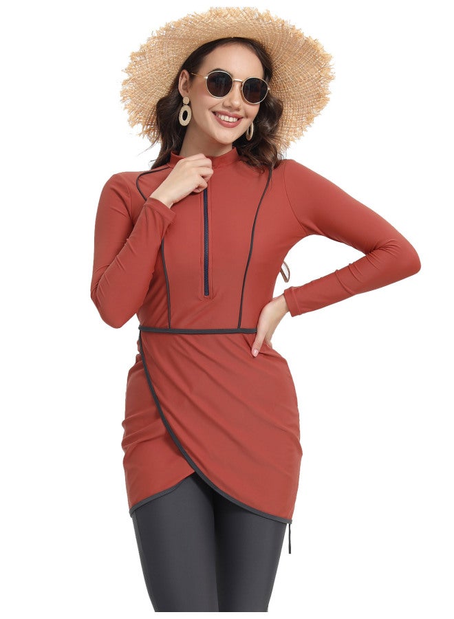 Loquat 2024 Zipper Muslim Swimsuit Long-sleeved Trousers Three-piece Set Conservative Sun Protection With Chest Pad-Color:Brick Red- - Image 1