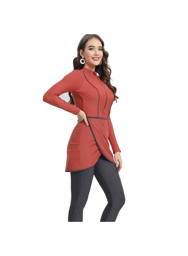 Loquat 2024 Zipper Muslim Swimsuit Long-sleeved Trousers Three-piece Set Conservative Sun Protection With Chest Pad-Color:Brick Red- - Image 4