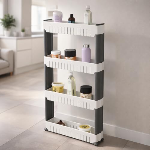 FLIPZON Slim Rolling Storage Rack – 4-Tiered Shelf Plastic Slide-Out Organizer | Space-Saving, Multipurpose | for Kitchen, Bathroom, Laundry, Pantry & Utility Storage | Floor Standing | White & Grey - Image 1