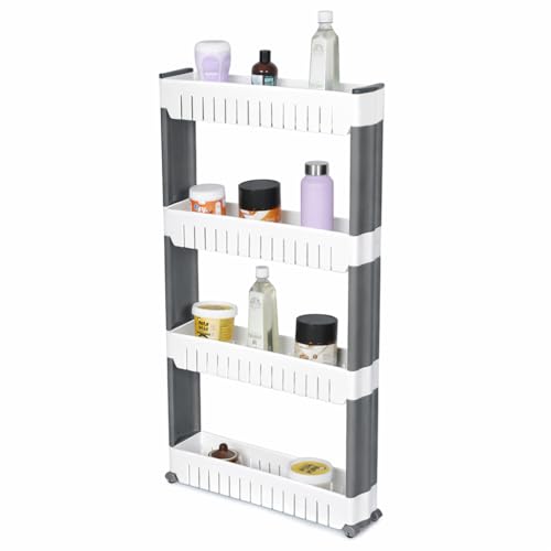 FLIPZON Slim Rolling Storage Rack – 4-Tiered Shelf Plastic Slide-Out Organizer | Space-Saving, Multipurpose | for Kitchen, Bathroom, Laundry, Pantry & Utility Storage | Floor Standing | White & Grey - Image 2