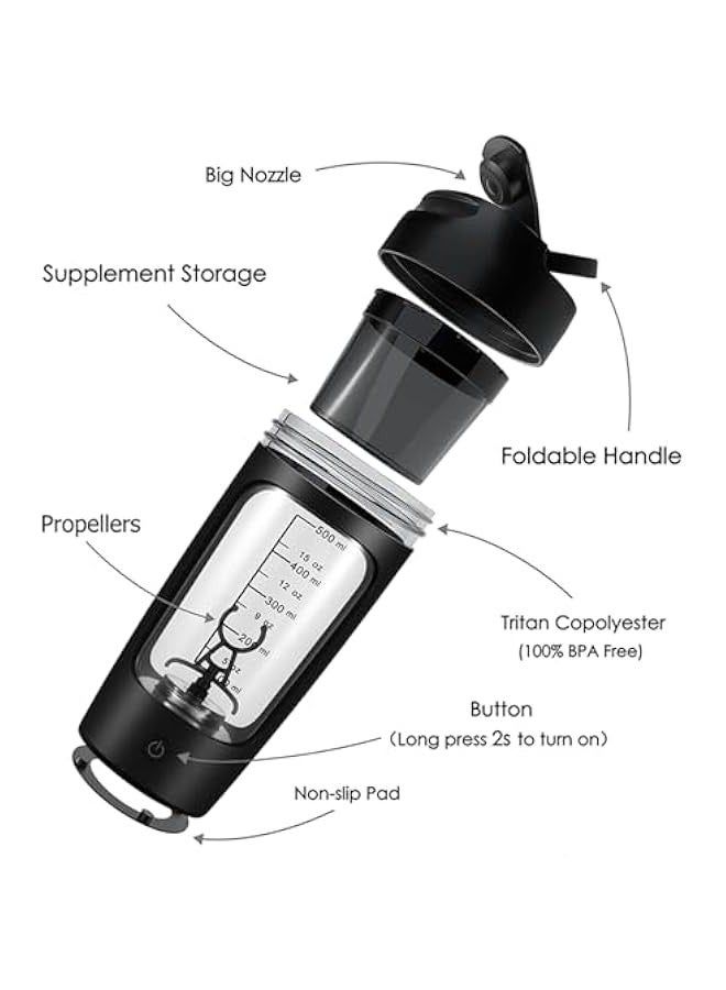 Electric Protein Shaker Bottle, 650Ml Blender Bottles with Powder Cup, Portable Blender, Tritan and BPA Free Material, Pre Workout Mixer for Gym and Fitness (Black) - Image 3
