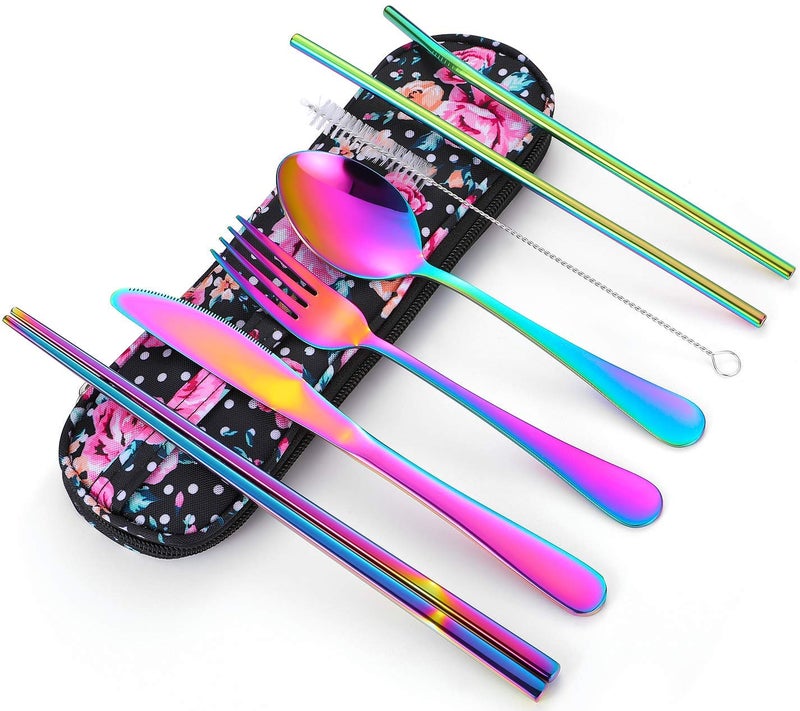 Travel UtensilsReusable Silverware Set To Go Portable Cutlery Set with a Waterproof Carrying Case for Lunch Boxes Workplace Camping Picnic Rainbow