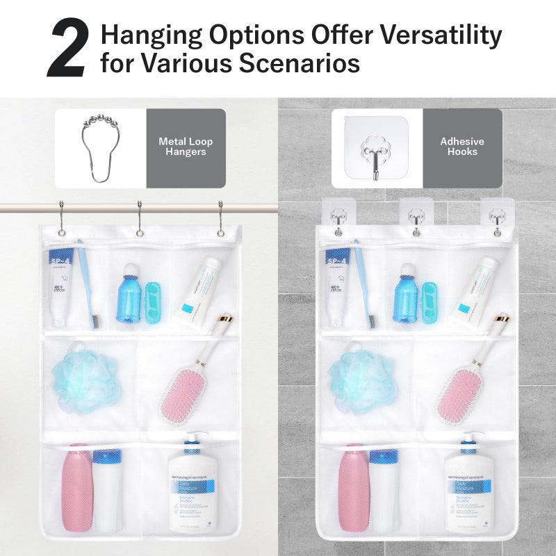 أف-كولور F -Color Mesh Dower Caddy Hanging - منظم الدش الجاف السريع 7 جيوب الحمام منظم حقيبة حقيبة لروح سفن شامبو صابون لوف أبيض 2 حزمة - Image 3