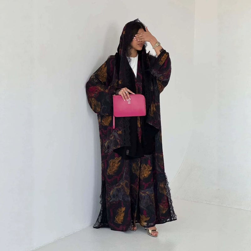 HY160 Printed Long Cardigan Wrap Coat with Vintage Oil Painting Floral Pattern, Lace Trim, Loose Sleeves, Summer 2026