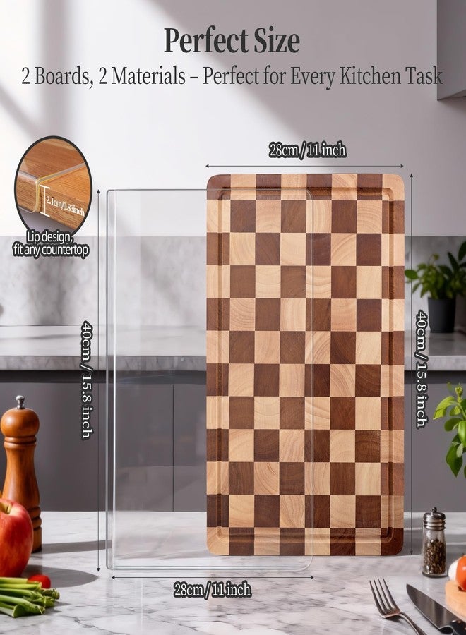 WILLKOMMEN Checkered and Acrylic Cutting Board Set, 2 PCS Cutting Boards for Kitchen, Checkerboard Solid Wood End Grain Chopping Board with Juice Groove,Handle & Acrylic Board with Counter Lip - Image 3