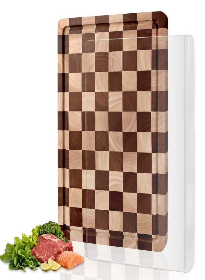 WILLKOMMEN Checkered and Acrylic Cutting Board Set, 2 PCS Cutting Boards for Kitchen, Checkerboard Solid Wood End Grain Chopping Board with Juice Groove,Handle & Acrylic Board with Counter Lip - Image 1