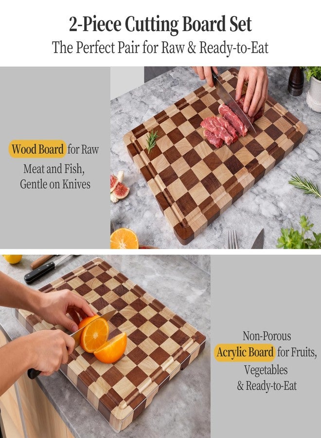 WILLKOMMEN Checkered and Acrylic Cutting Board Set, 2 PCS Cutting Boards for Kitchen, Checkerboard Solid Wood End Grain Chopping Board with Juice Groove,Handle & Acrylic Board with Counter Lip - Image 2
