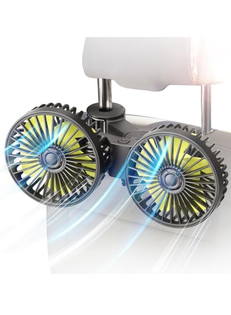 KASTWAVE Car Fan for Backseat, USB Car Cooling Fans for Backseat, Dual Head Car Seat Fan, 3 Speeds Strong Wind 360° Rotatable Vehicle Rear Headrest Fan for Car, Air Circulation Car Fans with Adjustable Clip - Image 1