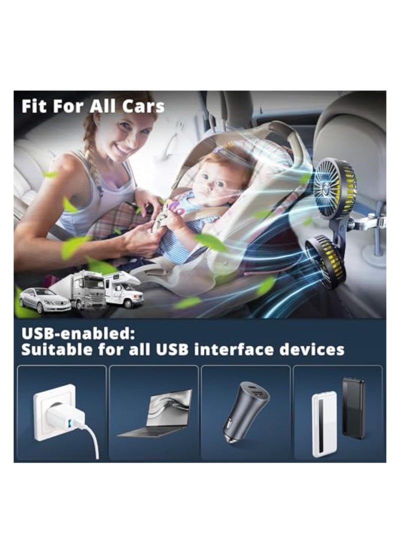 KASTWAVE Car Fan for Backseat, USB Car Cooling Fans for Backseat, Dual Head Car Seat Fan, 3 Speeds Strong Wind 360° Rotatable Vehicle Rear Headrest Fan for Car, Air Circulation Car Fans with Adjustable Clip - Image 4