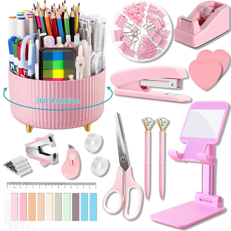 suniya Office Supplies,Desk Accessories,with Stapler,Tape Dispenser,Staple Remover,Scissor,Ballpoint Pen,Sticky Notes,Clear Tape,Staples,Desk Organizer,Phone Stand,Binder,Index Tabs,Best gift set(Pink) - Image 1