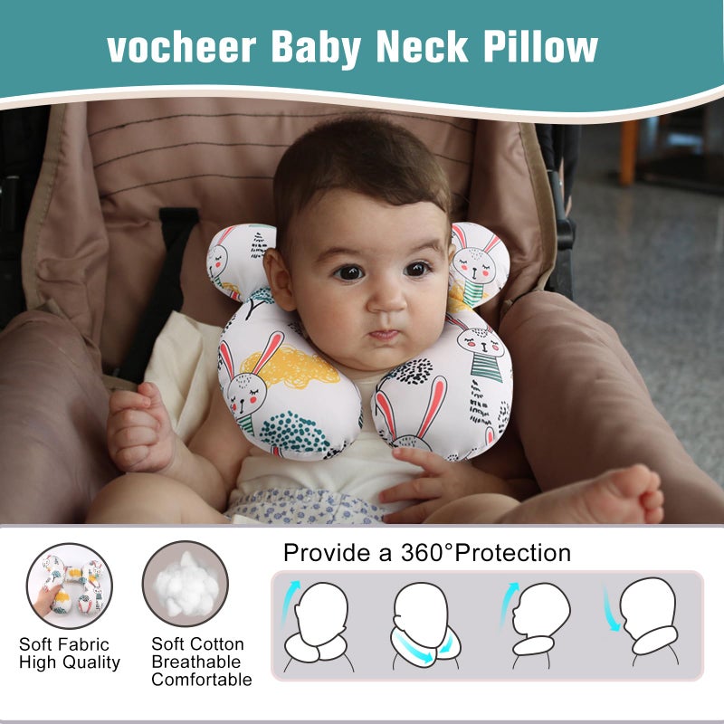 vocheer وسادة سفر للأطفال (محدثة)، وسادة دعم الرأس والرقبة لعربة الأطفال، مقعد السيارة، عربة الدفع، البouncer، قطن (أرنب) - Image 3