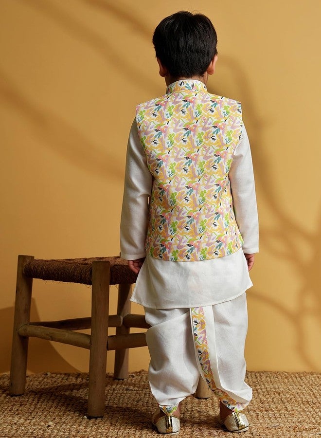 AJ DEZINES Kids Cotton Full Sleeve Printed Yellow Dhoti Kurta Set for Boys - Ethnic wear | Traditional & Festival Wear|Waistcoat for boys - Regular Fit (1952-YELLOW-3) - Image 3